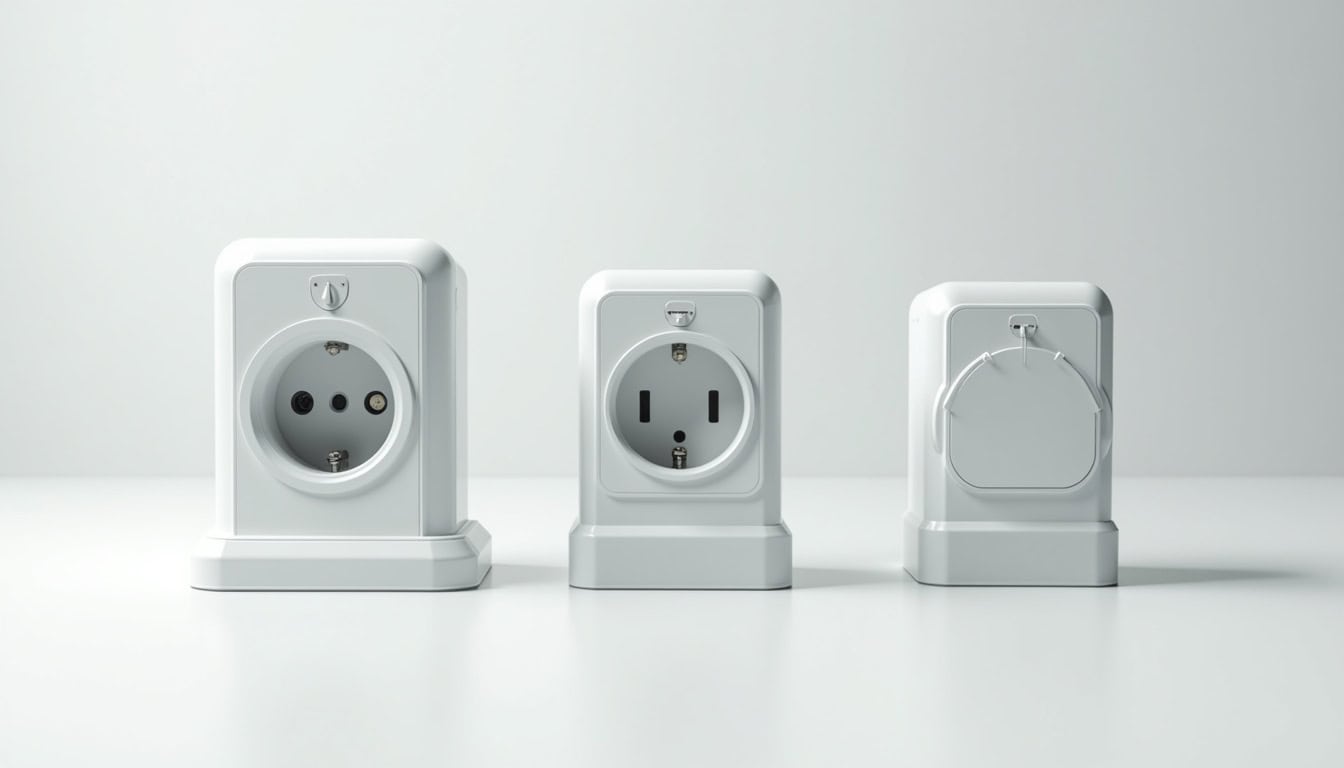 Comparaison visuelle des différents types de bornes de recharge: prise renforcée, wallbox 7 kW, wallbox 22 kW