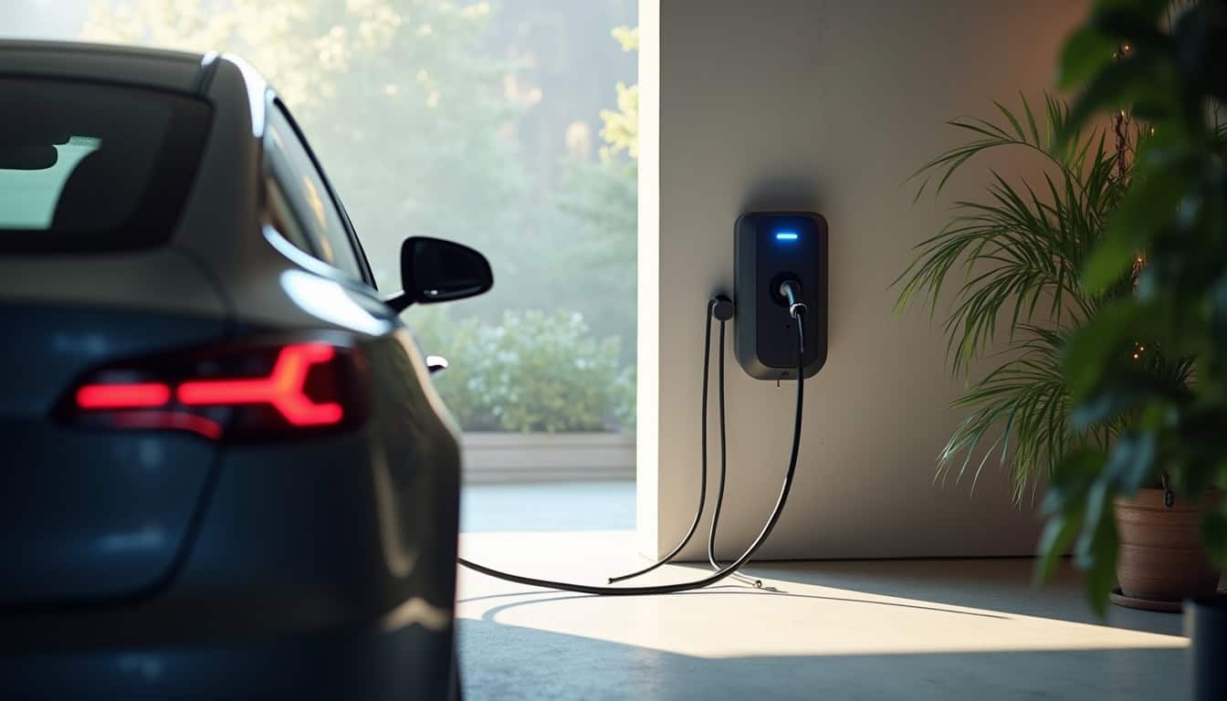 Voiture électrique en cours de recharge à une borne murale installée dans un garage privé à Tinchebray-Bocage