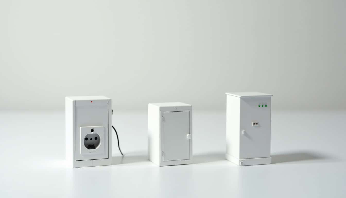 Comparaison visuelle des différents types de bornes de recharge électrique: prise renforcée, wallbox 7,4 kW et borne 22 kW