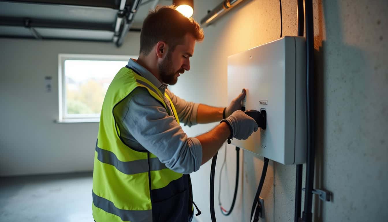 Électricien en train d’installer une borne de recharge dans un garage à Vigneux-sur-Seine