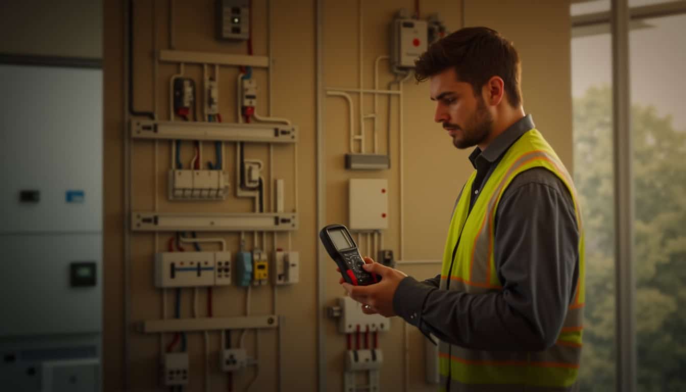 Intervention d’un électricien sur un tableau électrique à Plonéis, en train de mesurer la puissance disponible