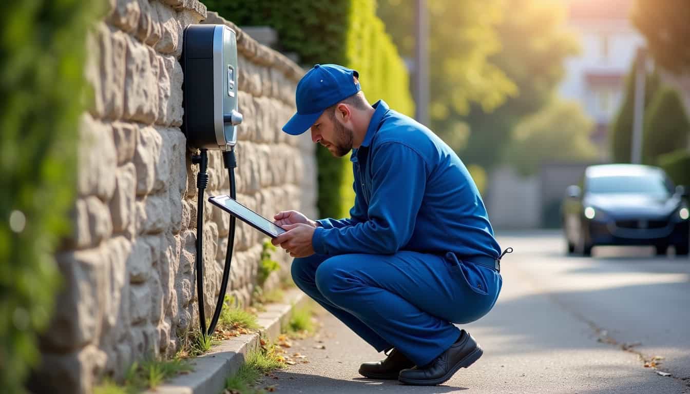 Maintenance d’une borne de recharge électrique par un technicien à Marboué