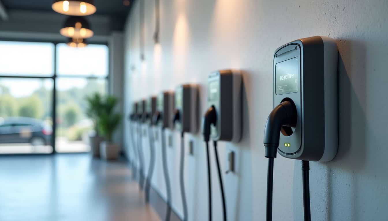 Modèles de bornes électriques murales exposés en boutique