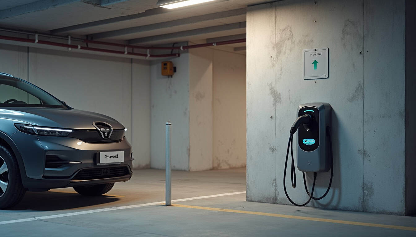 Panneau indiquant un emplacement de stationnement réservé avec borne de recharge en copropriété