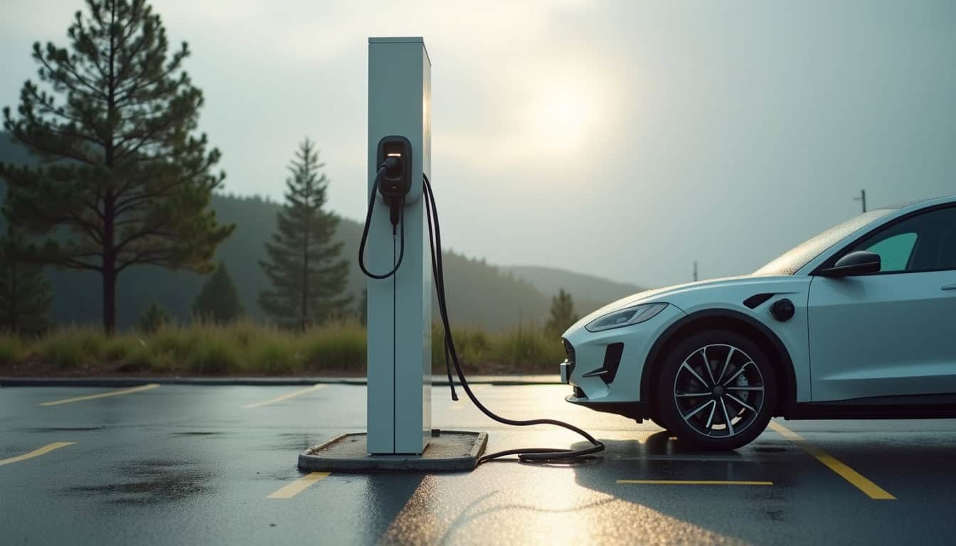 Photo de la borne de recharge publique située sur le parking de l