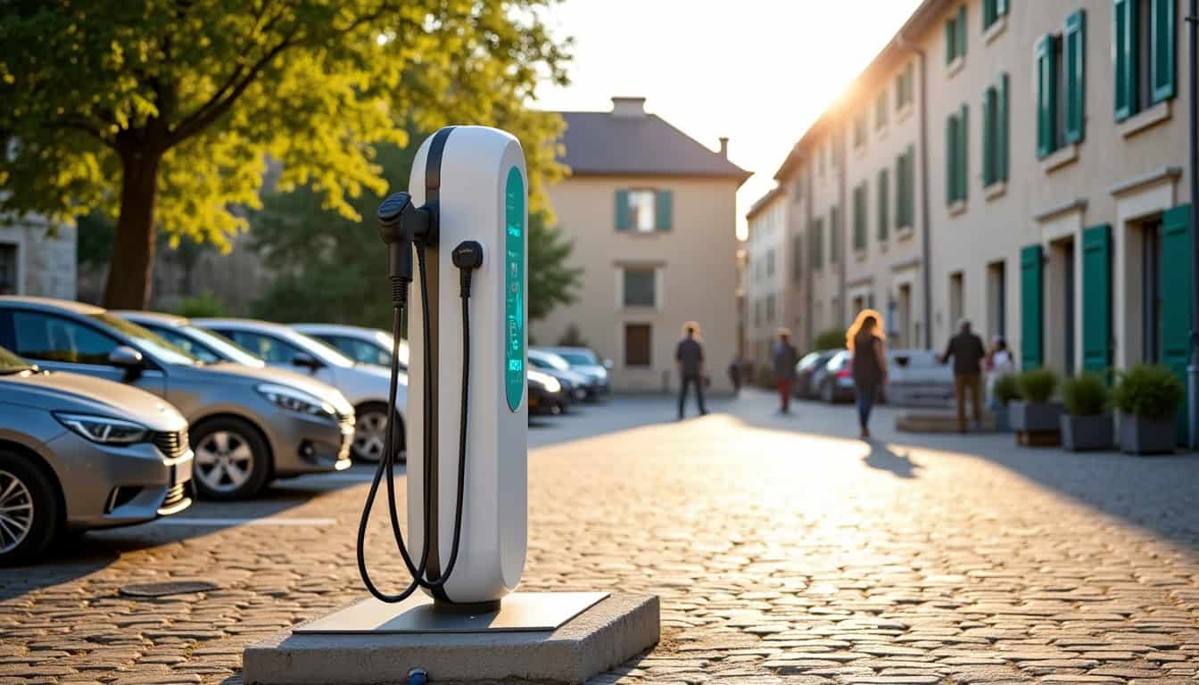 Photo d’une borne de recharge publique située place du Champ de Foire à Saint-Paul-en-Forêt