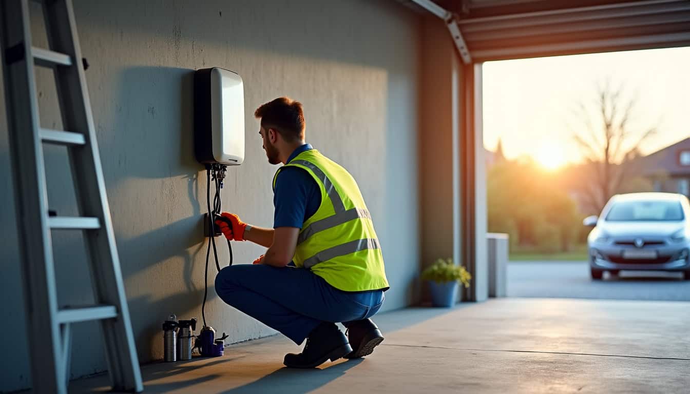 Photographie d’un électricien certifié IRVE en train d’installer une borne de recharge électrique dans un garage à Orchamps-Vennes