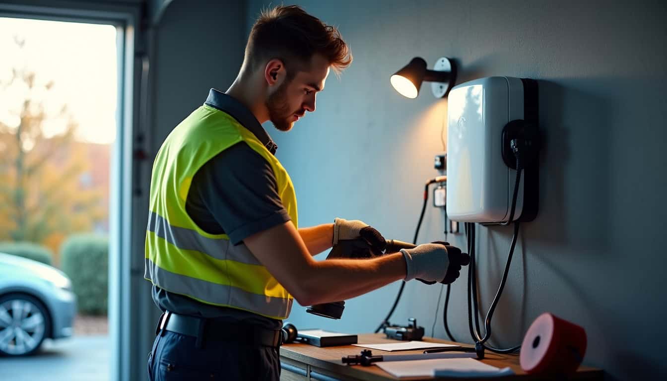 Photographie d’un électrique en train d’installer une borne murale dans un garage à La Roche-sur-Foron