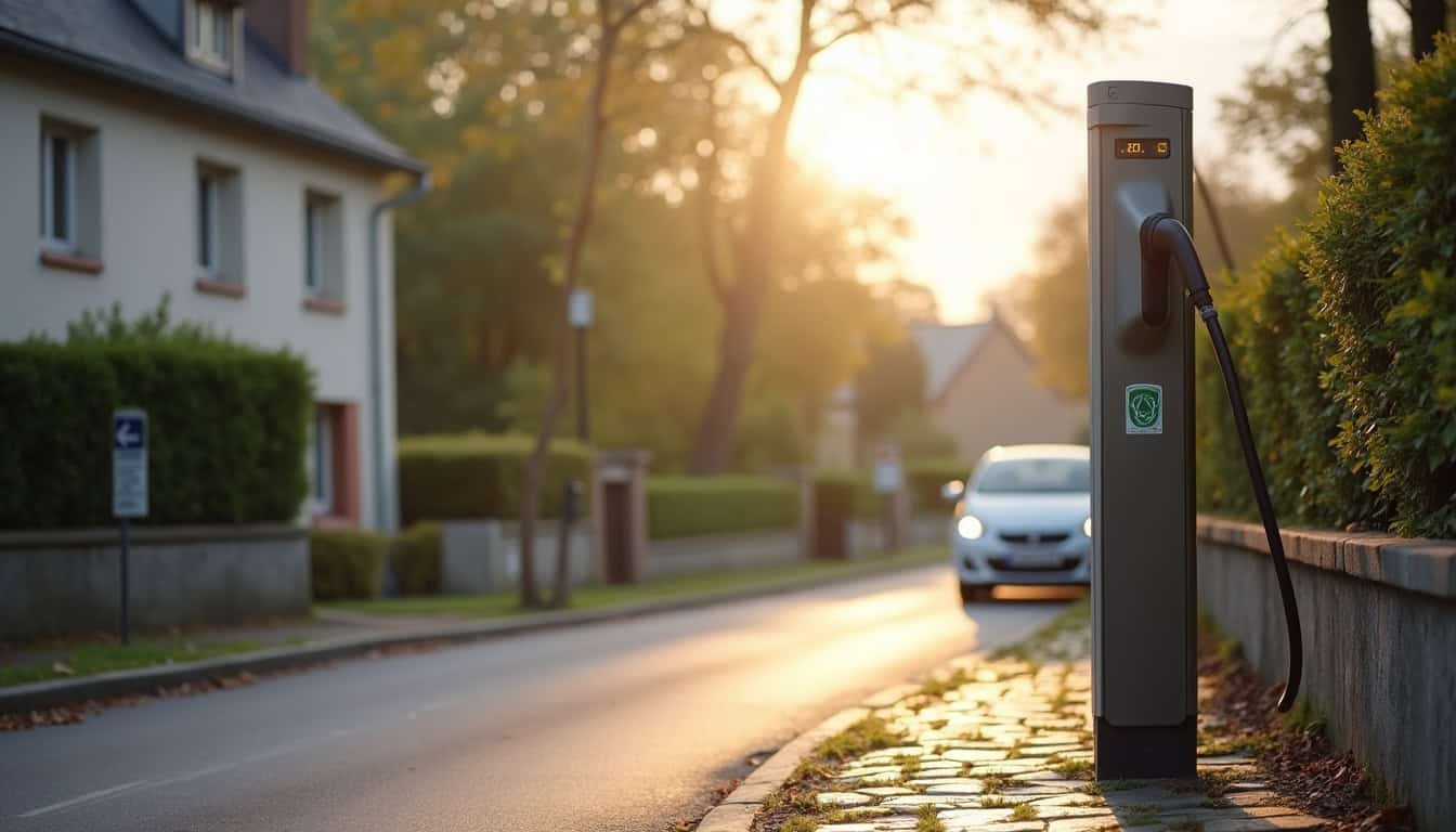 Photographie d’une borne de recharge publique à Créances, rue des Écoles