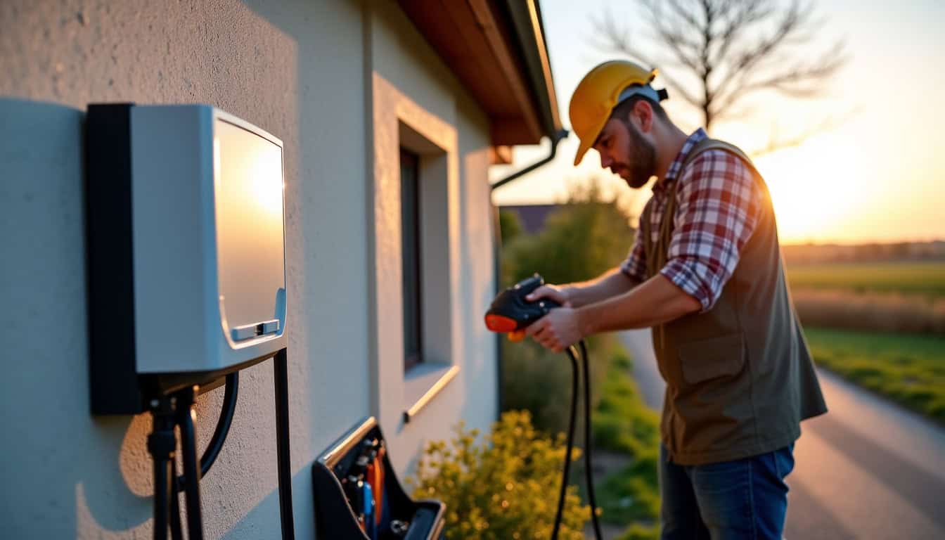 Pose d’une borne de recharge murale par un électricien IRVE à Ferrière-la-Petite