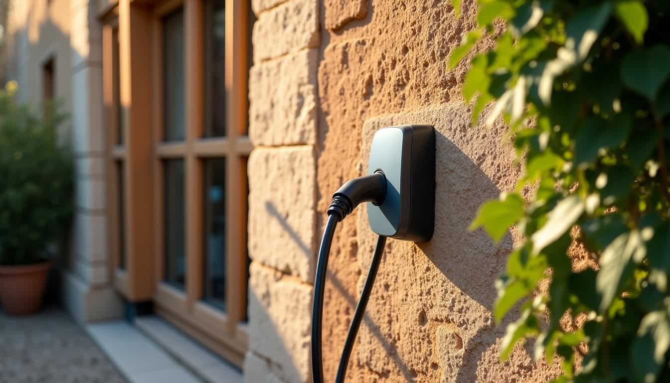 Prise renforcée pour véhicule électrique installée sur un mur extérieur à Visan