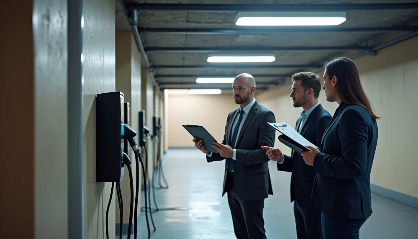 Représentation d’une installation de borne en parking de copropriété à Nalliers, avec syndic et copropriétaire