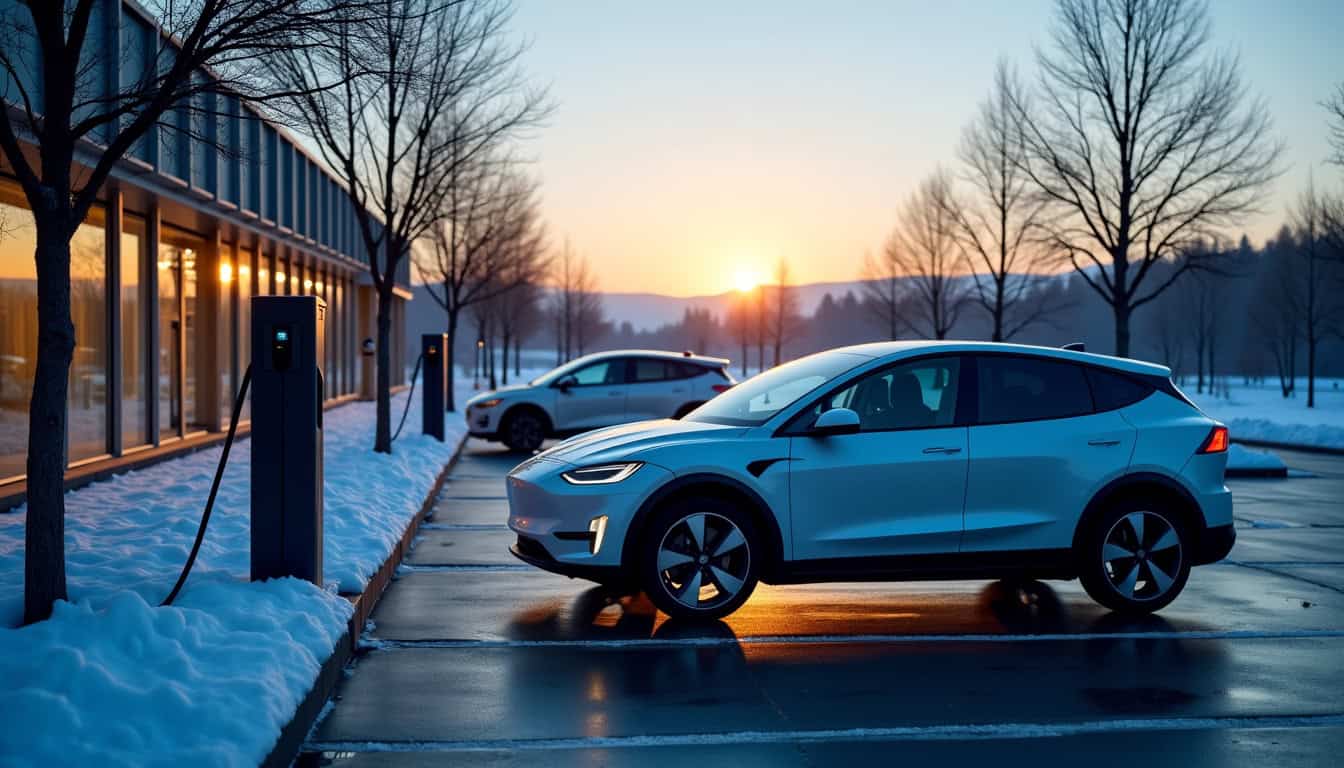 Station de recharge double installée devant une entreprise à Challes-les-eaux, avec deux véhicules électriques en charge