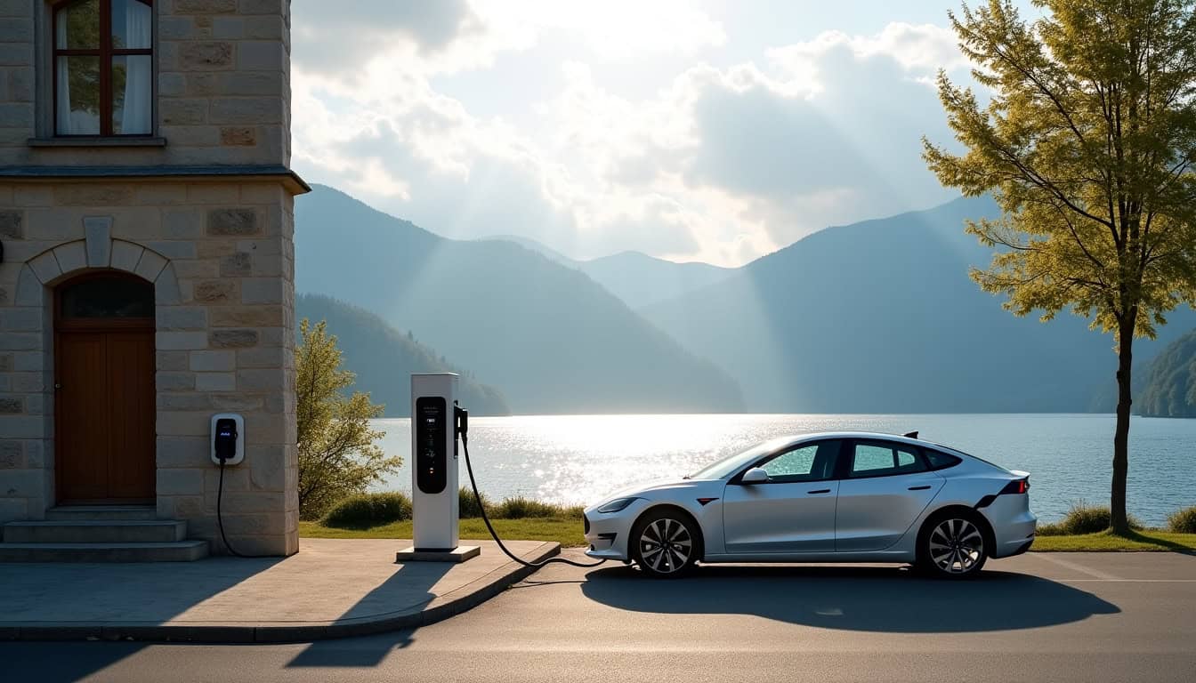 Station de recharge électrique à Aix-les-Bains avec lac du Bourget en arrière-plan