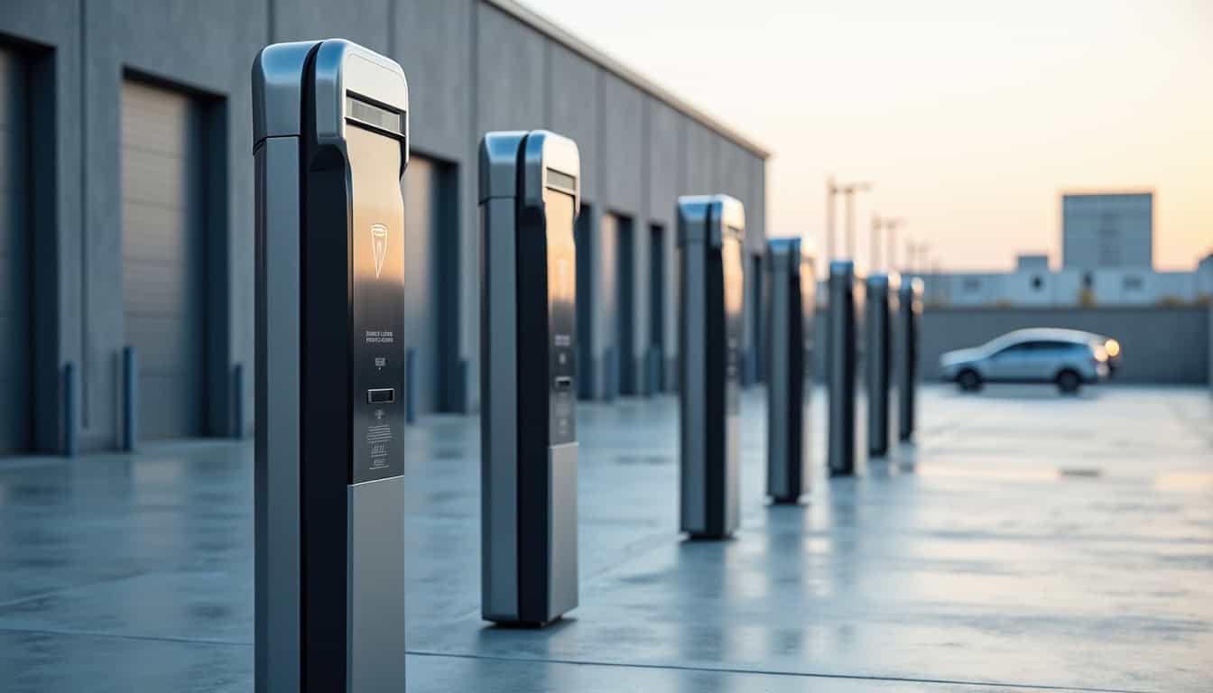 Station de recharge pour flotte de véhicules électriques appartenant à une entreprise, modèles montés en colonne et accessibles via badge