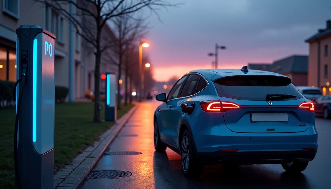 Station de recharge publique avec véhicule en cours de chargement