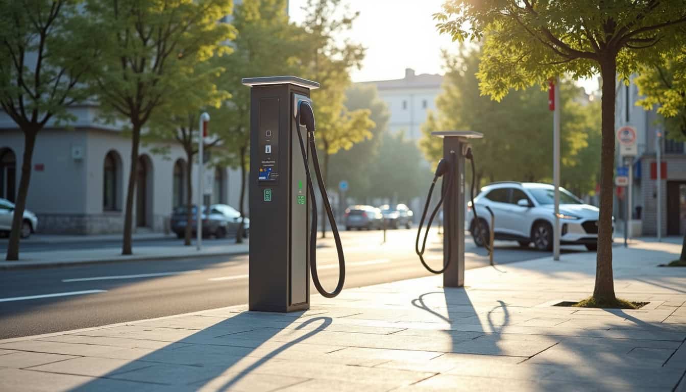 Station de recharge publique située rue Lamartine à Pavie, avec deux bornes visibles et deux places réservées aux véhicules électriques