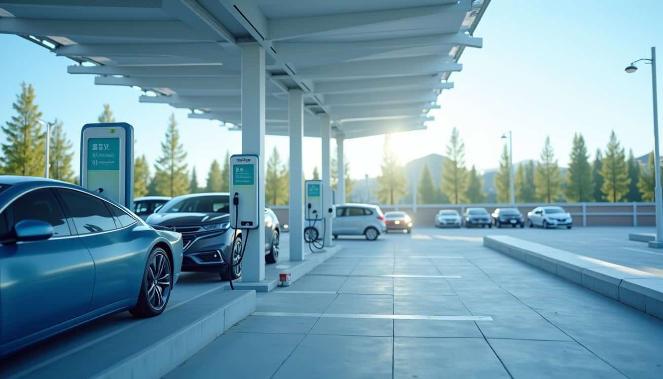 Station de recharge R3 située sur le parking du Norauto à Augny, montrant les bornes de recharge et les emplacements de stationnement