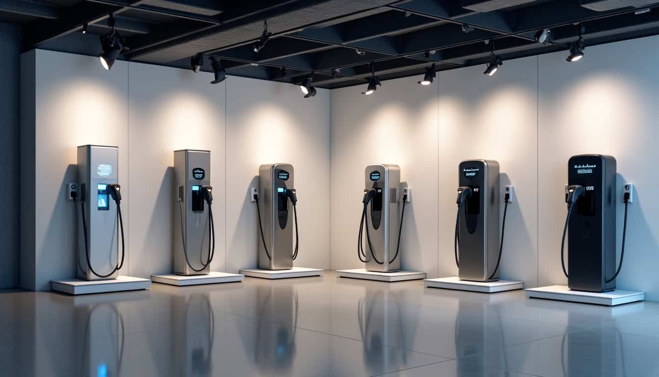 Tableau comparatif de différentes bornes de recharge exposées dans un showroom