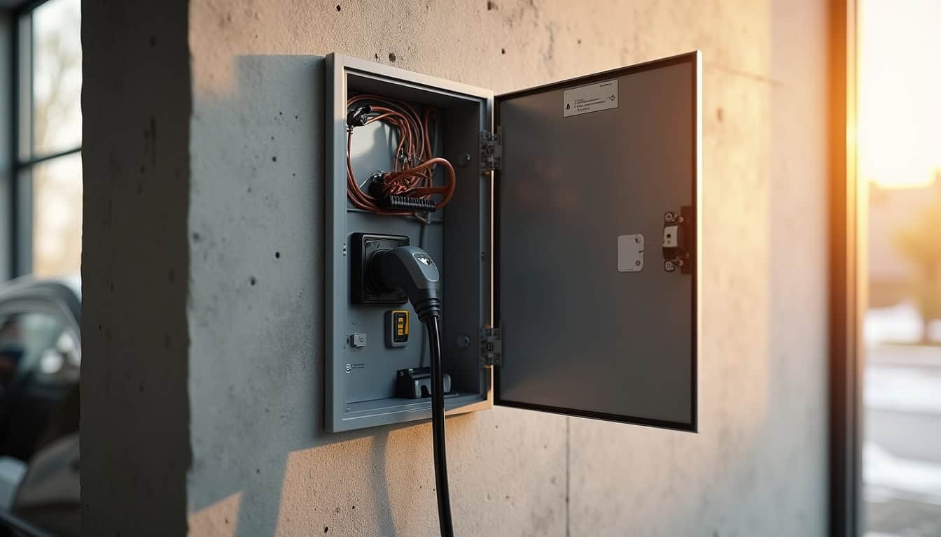 Tableau électrique ouvert montrant les connexions pour une borne de recharge