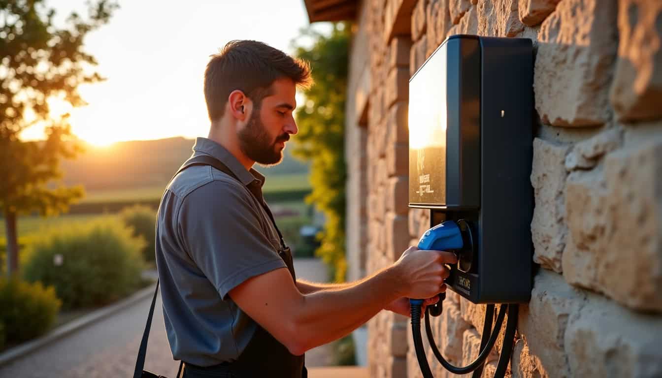 Technicien certifié IRVE en train de fixer une wallbox à Loupian
