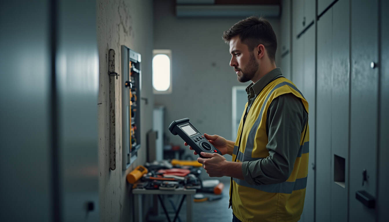 Technicien certifié IRVE en train de vérifier un tableau électrique avant pose d
