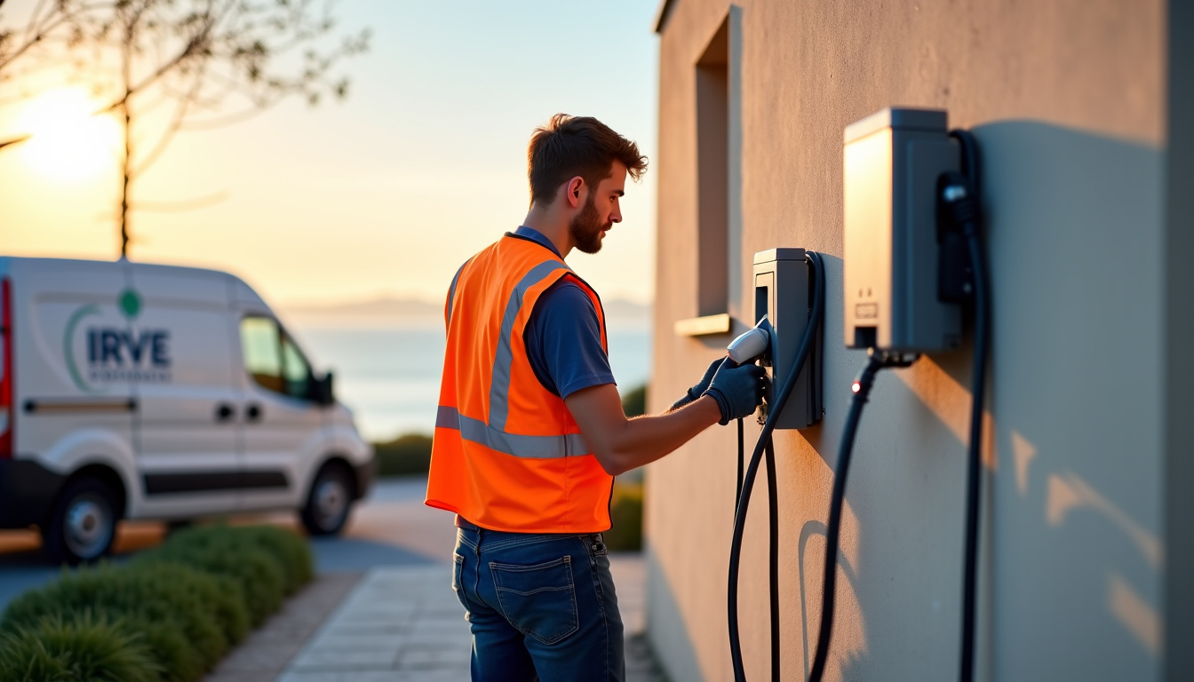 Technicien certifié IRVE en train d’installer une borne de recharge à domicile à Bray-Dunes
