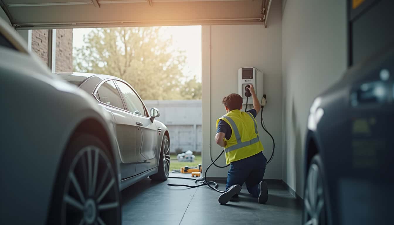 Technicien certifié IRVE en train d’installer une borne de recharge dans un garage à La Bouëxière