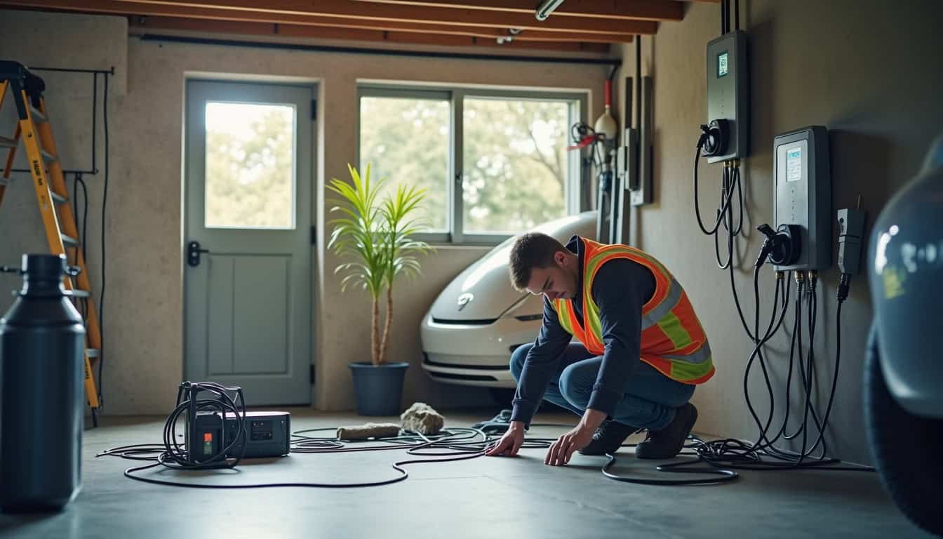 Technicien certifié IRVE en train d’installer une borne de recharge dans un garage à Tournus