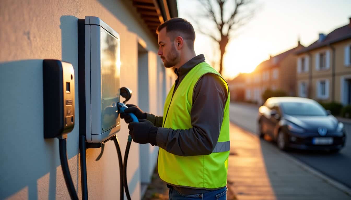 Technicien certifié IRVE en train d’installer une borne de recharge électrique à Courpalay