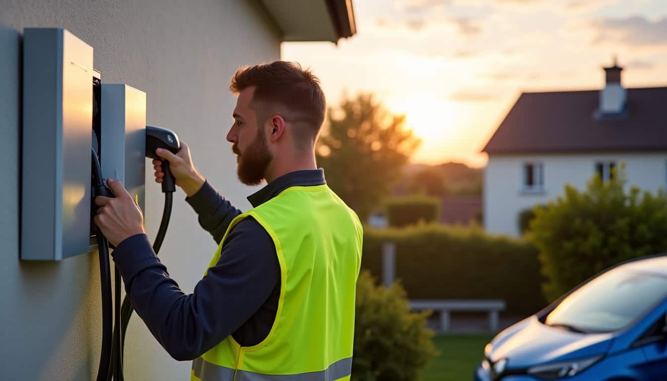 Technicien certifié IRVE en train d’installer une borne de recharge électrique à Neuville-sur-Saône