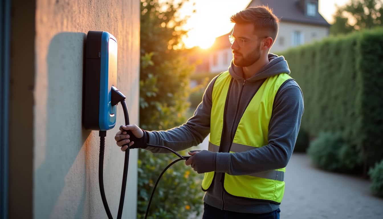 Technicien certifié IRVE en train d’installer une borne de recharge électrique