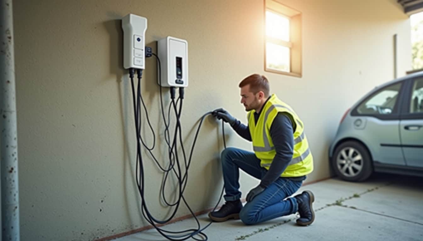 Technicien certifié IRVE en train d’installer une borne de recharge murale dans un garage à Valady