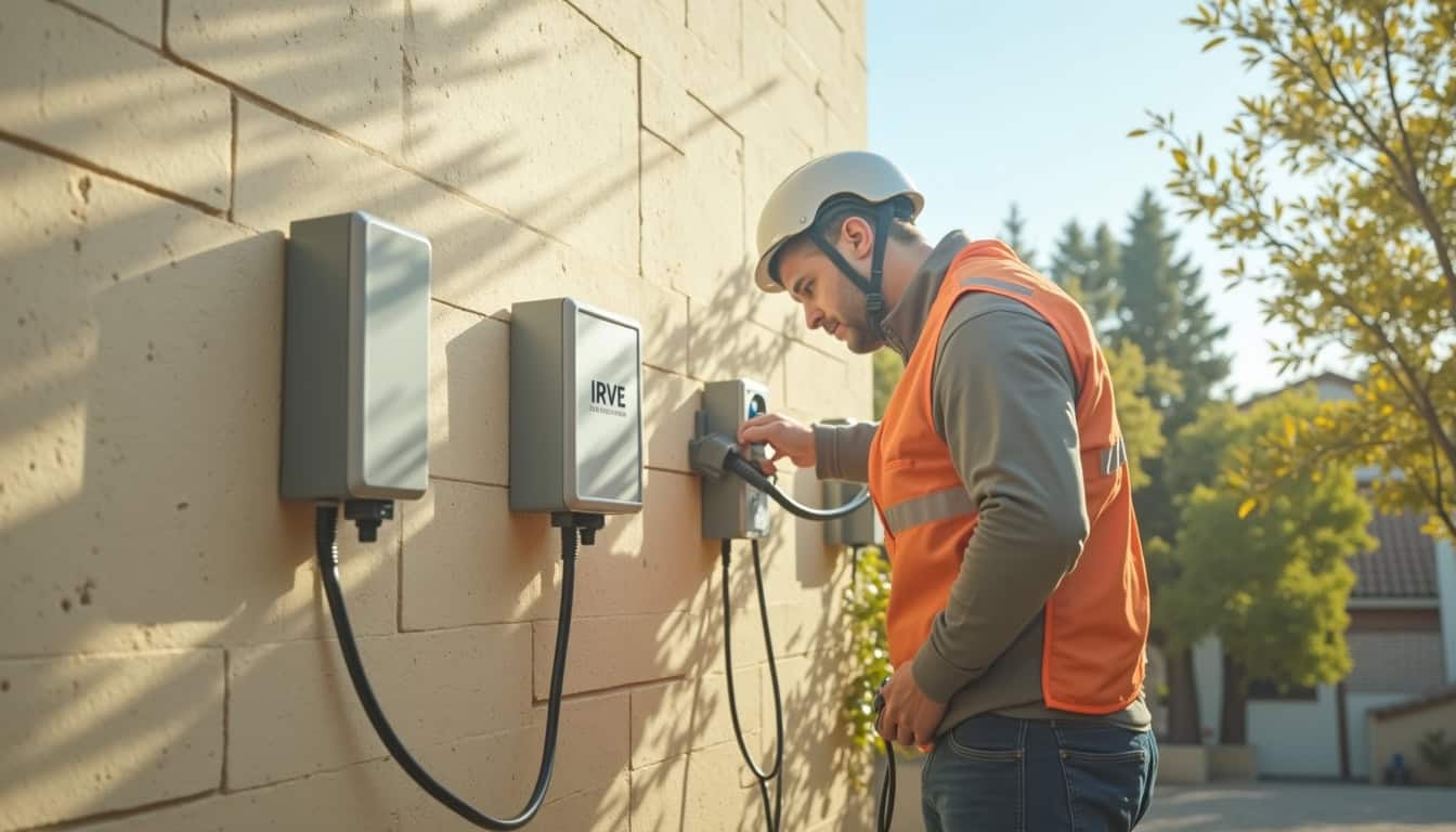 Technicien certifié IRVE en train d’installer une borne de recharge murale sur un mur extérieur à Gratentour