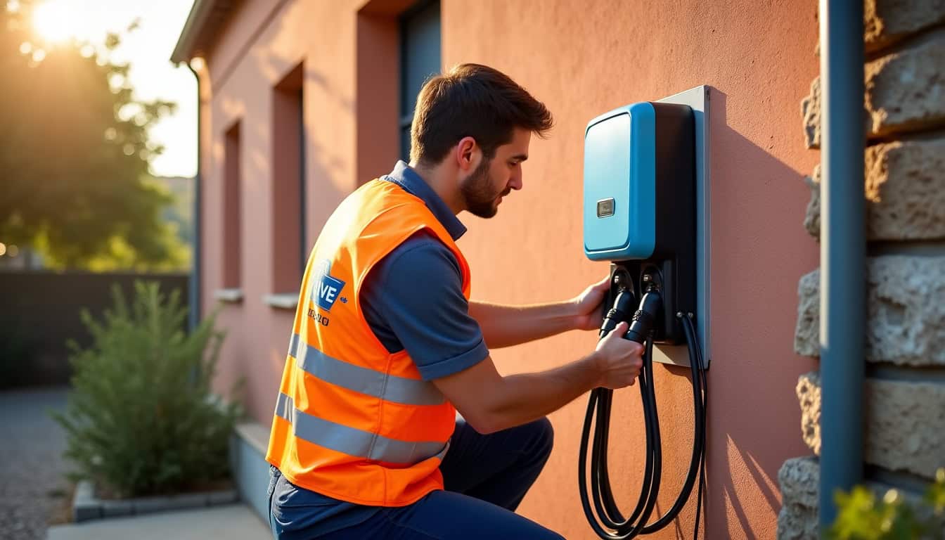 Technicien certifié IRVE en train d’installer une borne de recharge murale