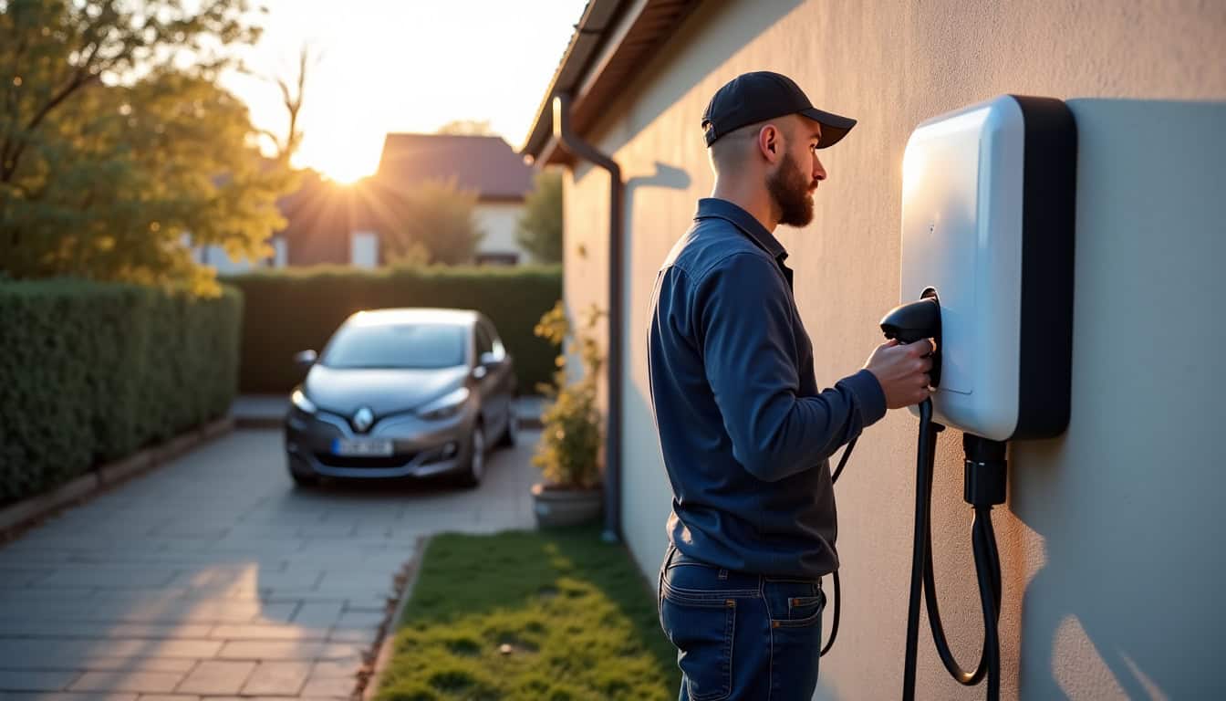 Technicien certifié IRVE en train d’installer une borne de recharge sur un mur extérieur à Fontenay-en-Parisis