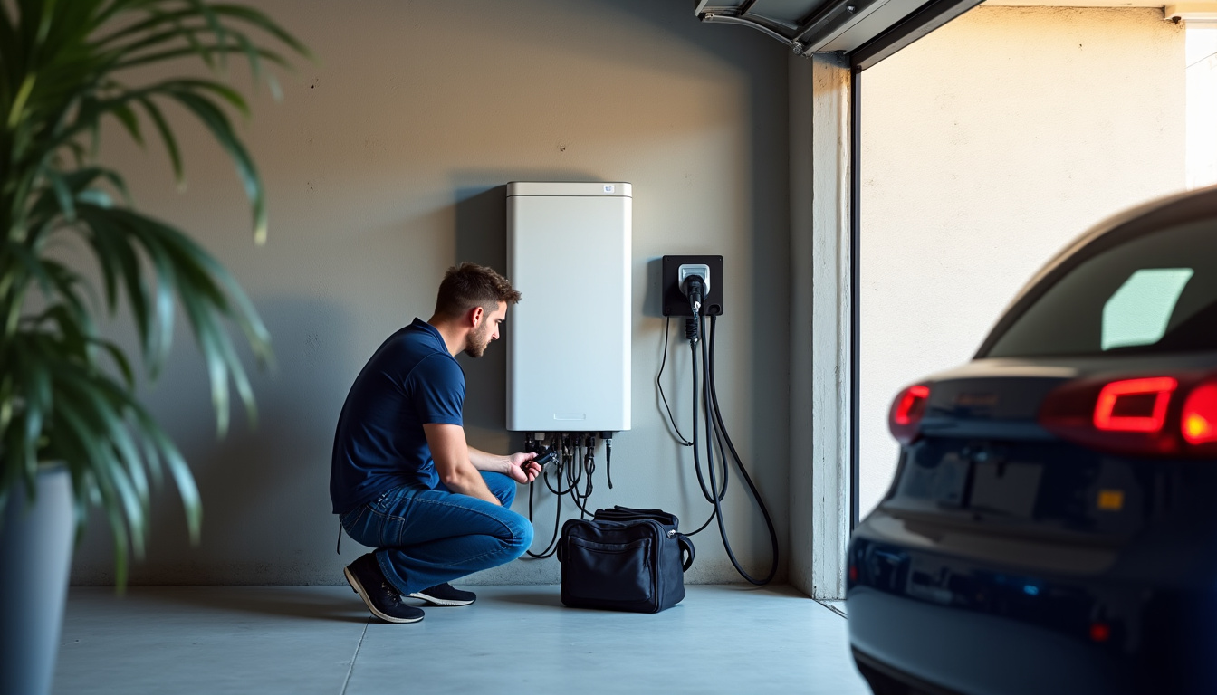 Technicien certifié IRVE en train d’installer une Wallbox dans un garage résidentiel à Saint-Père-Marc-en-Poulet