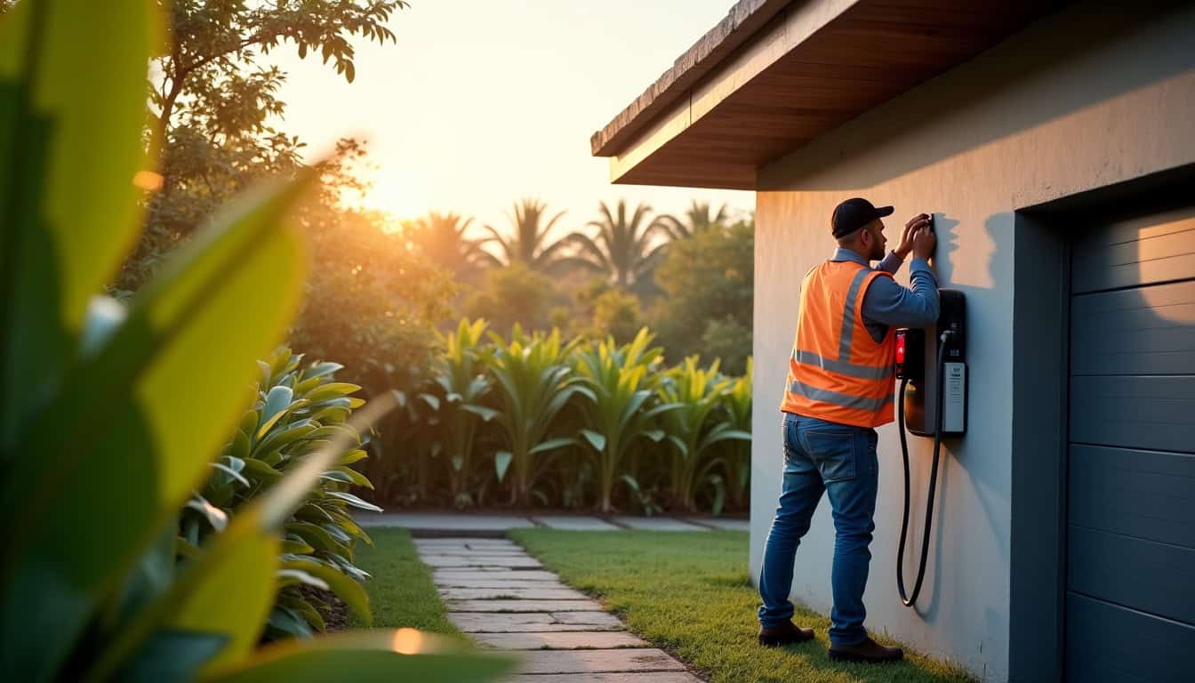 Technicien certifié IRVE installant une borne de recharge électrique à Iracoubo