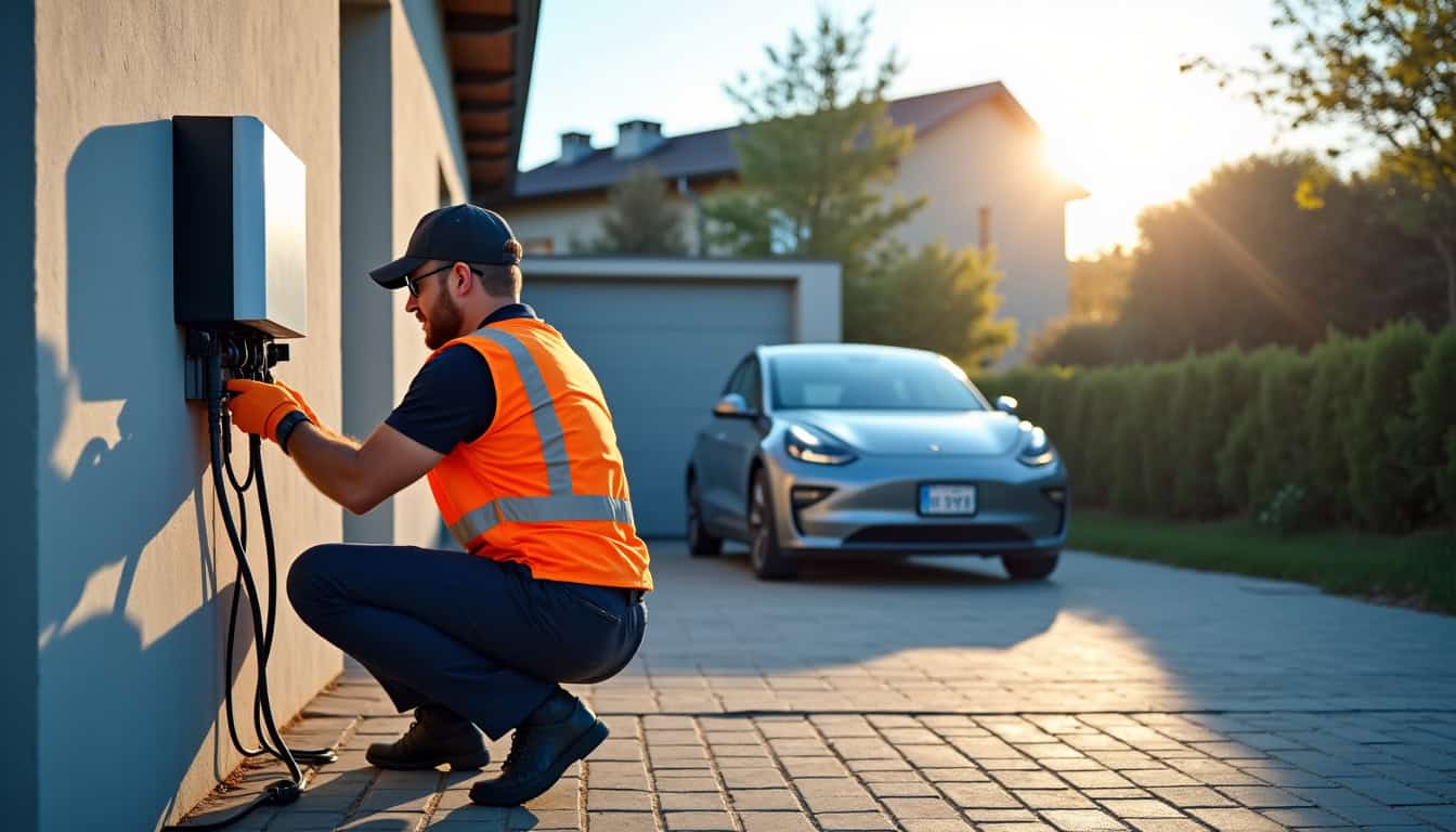 Technicien certifié IRVE installant une borne électrique à Mézériat