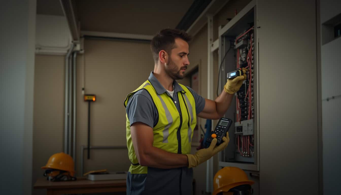 Technicien certifié IRVE vérifiant un tableau électrique avant installation d