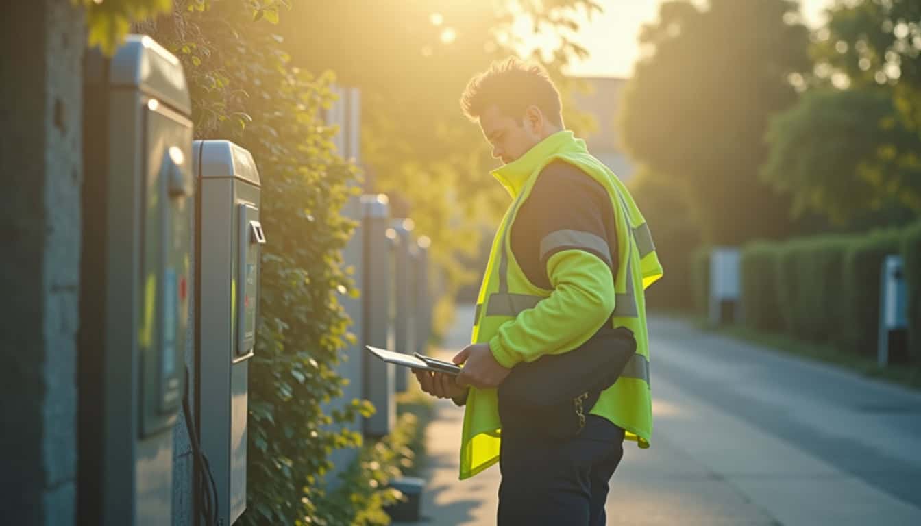 Technicien effectuant un contrôle de maintenance sur une borne de recharge à Héric