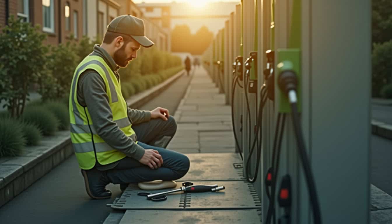 Technicien effectuant un contrôle de maintenance sur une borne de recharge à Rugles