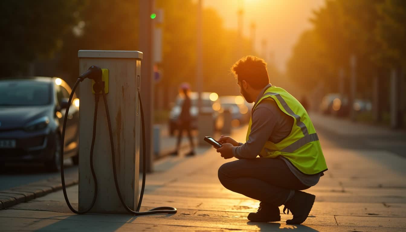 Technicien effectuant un contrôle de maintenance sur une borne de recharge publique