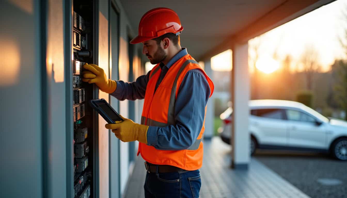 Technicien effectuant un diagnostic électrique avant installation d