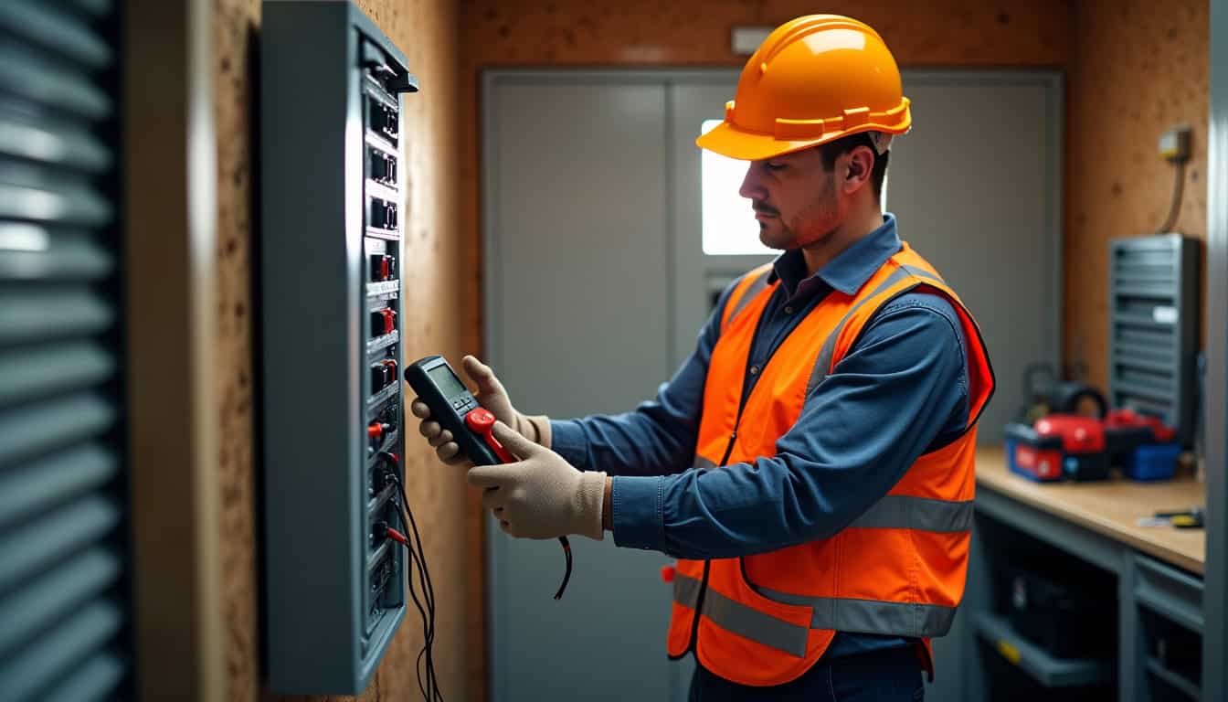 Technicien effectuant un diagnostic électrique dans un garage à Courcelles-lès-Montbéliard