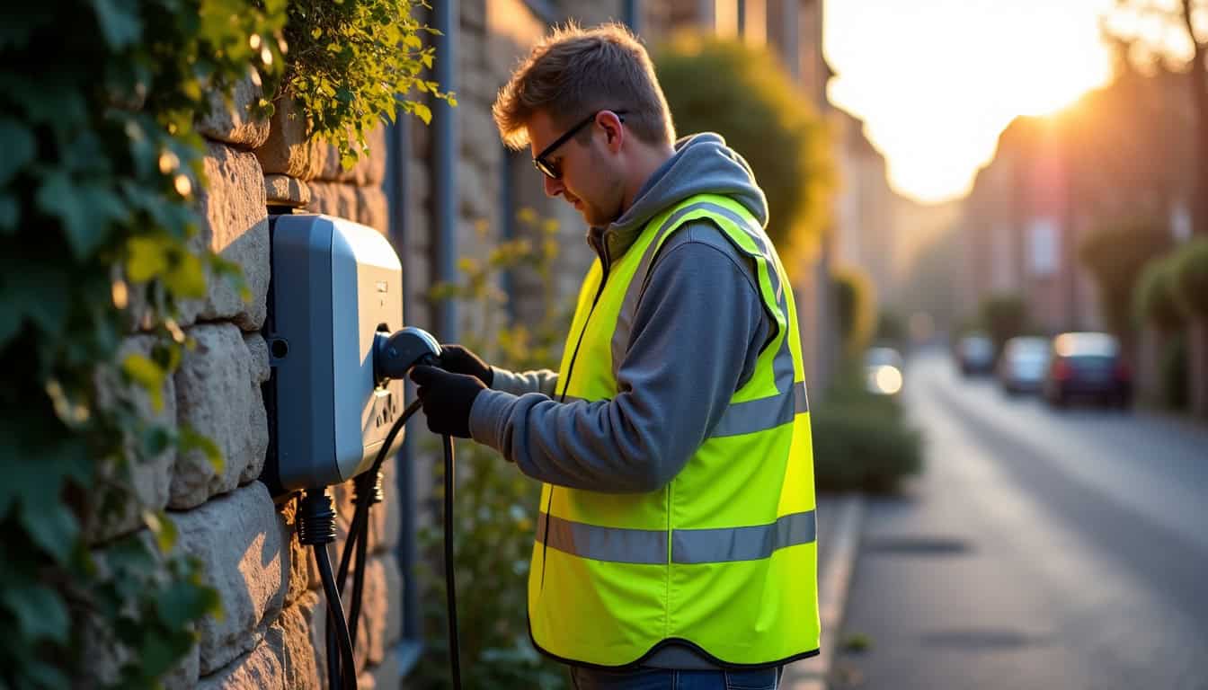 Technicien effectuant une maintenance sur une borne de recharge à Solignac