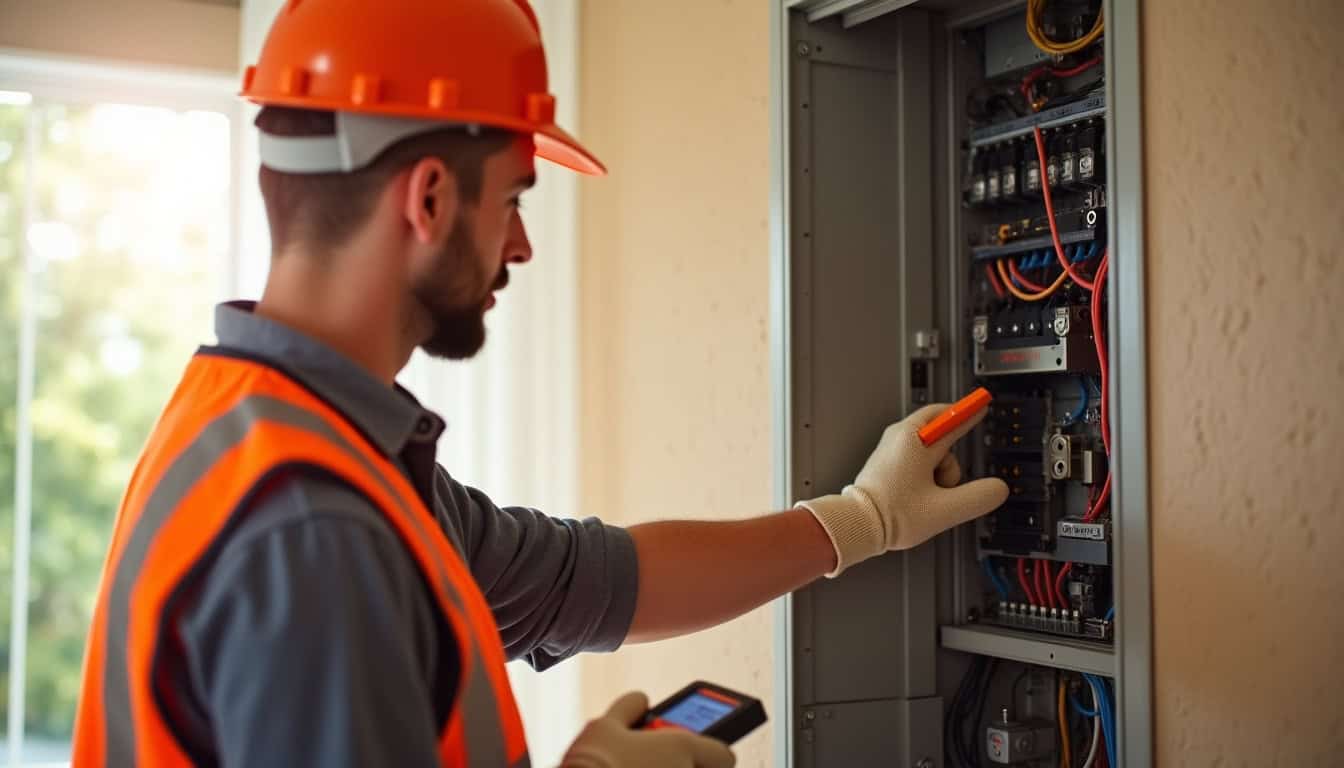 Technicien électrique examinant un tableau électrique dans une maison à Le Muy