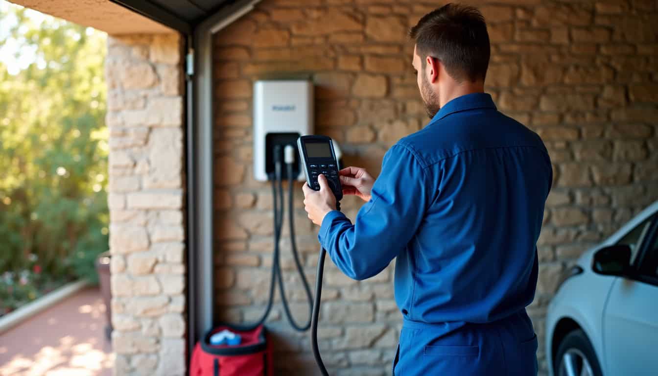 Technicien en combinaison bleue vérifiant le fonctionnement d