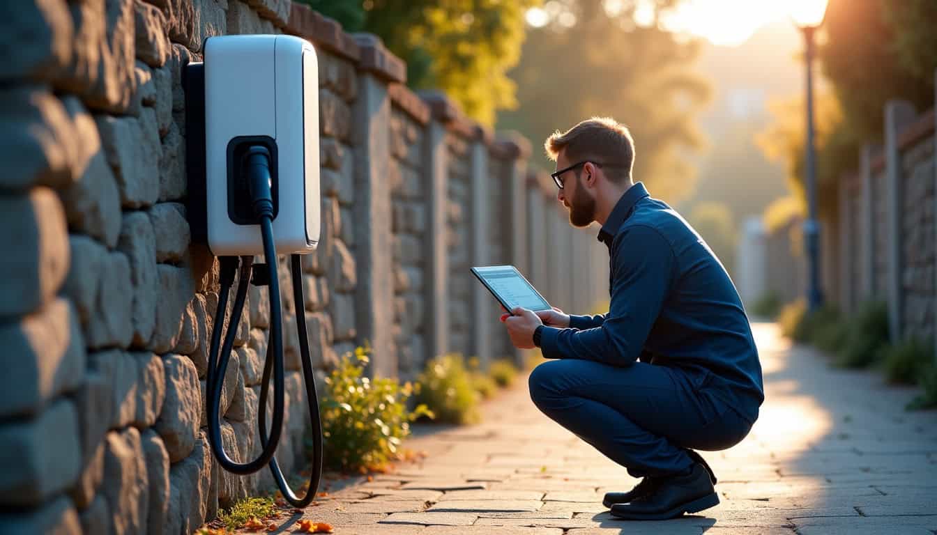 Technicien en intervention pour le dépannage d’une borne de recharge électrique à Mont, avec outils et tablette