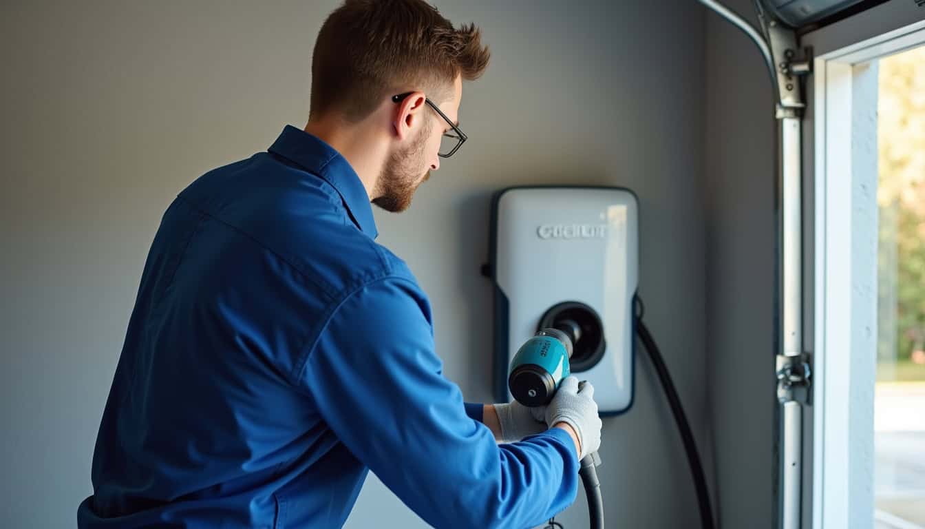 Technicien en tenue de travail installant une borne de recharge électrique dans un garage à Tence